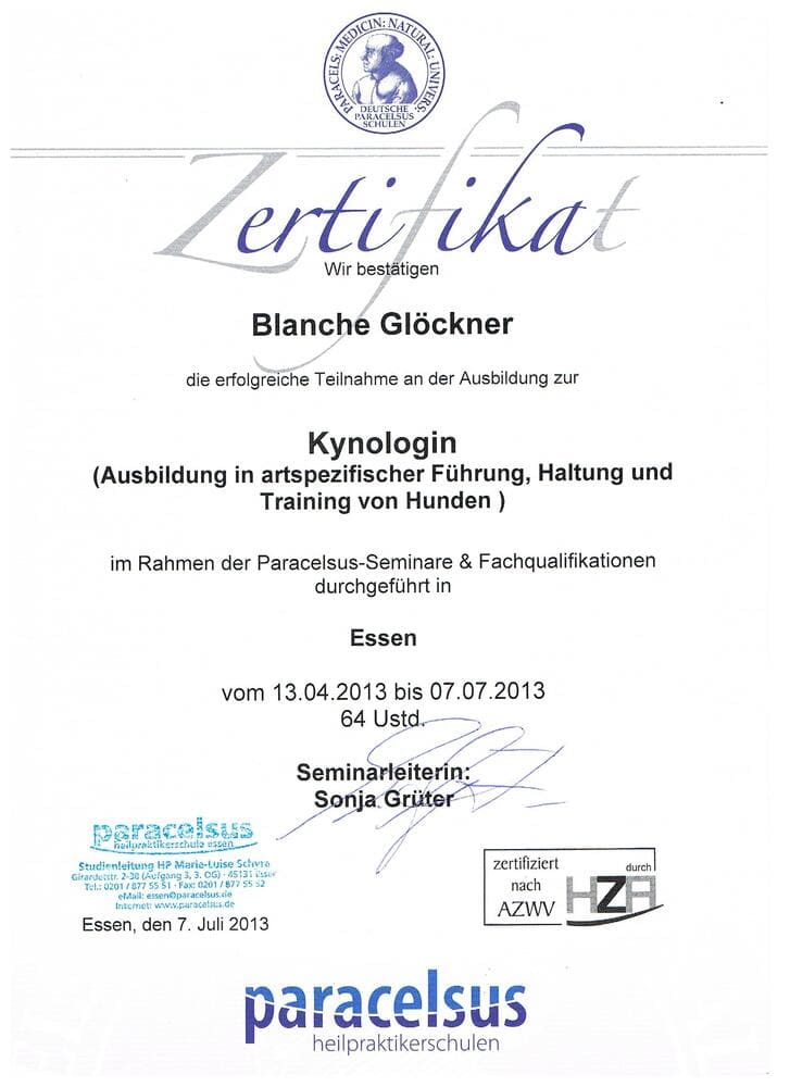 Zertifikat Kynologin Blanche Wrede